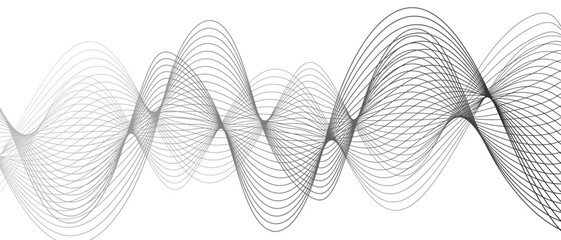 Fototapete - Abstract black and white wave pattern with overlapping, curving lines forming smooth, sense of depth, rhythm, and fluid motion. Aesthetic is minimalist, elegant digital or scientific visualization.