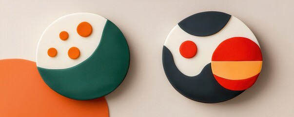 Aufkleber - Two circular abstract designs with geometric shapes and bold colors on a neutral background.