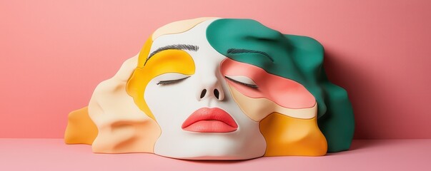 Poster - Colorful abstract sculpture of a serene woman's face with closed eyes, made of layered material against a pink background.