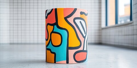 Aufkleber - A colorful abstract painted cylinder sits on a tiled floor in a modern, bright room with large windows.