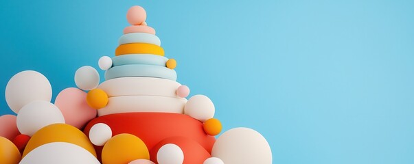 Aufkleber - A colorful abstract pyramid of stacked spheres and rings against a blue background.