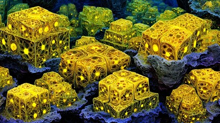Poster - Glowing Gold Cubes Abstract Background Digital Art