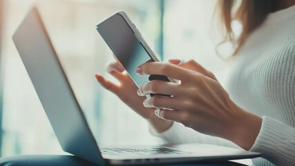 Poster - Woman using smartphone while working on laptop for business or personal project