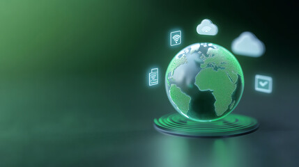 Aufkleber - A futuristic globe with icons representing cloud computing and connectivity, symbolizing modern technology and global communication.