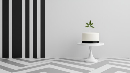 Poster - Minimalist room with a white cake topped with a green leaf, placed on a stand against a black and white geometric background.
