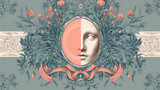 branding design for artisanal luxury | ornamental nature | romantic stillness | muted jade and coral | vertical symmetry | vines and ribbons | aura halo framing | line-based drawing | mythical