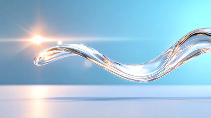 Poster - A smooth, flowing wave of clear liquid captures light, creating an elegant visual effect against a soft blue background.
