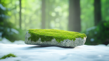 Poster - A tranquil forest scene showcasing a moss-covered stone surrounded by lush greenery and soft, dappled sunlight.