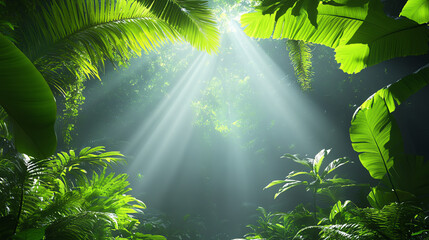 Poster - A tranquil scene of sunlight streaming through lush tropical foliage, creating a serene atmosphere in a vibrant forest.