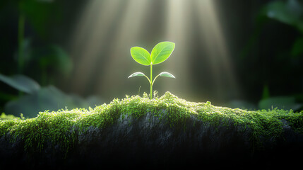 Poster - A young sprout emerging from the soil, illuminated by soft, natural light, symbolizing growth and new beginnings in nature.