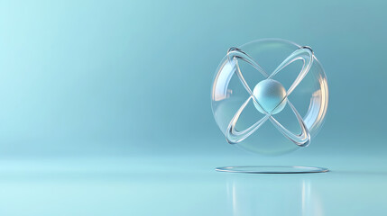 Leinwandbilder - Abstract representation of an atom with luminous spheres reflecting energy in a calm blue background.