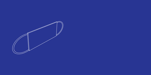 Poster - The outline of a large mask symbol made of white lines on the left. 3D view of the object in perspective. Vector illustration on indigo background