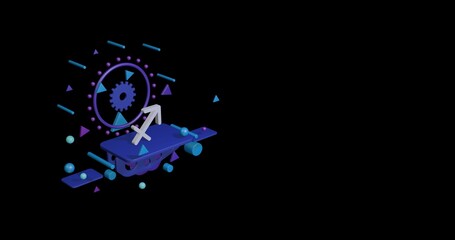 Poster - White zodiac sagittarius symbol on a pedestal of abstract geometric shapes floating in the air. Abstract concept art with flying shapes on the left. 3d illustration on black background