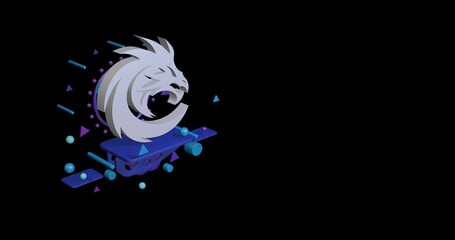 Poster - White dragon's head symbol on a pedestal of abstract geometric shapes floating in the air. Abstract concept art with flying shapes on the left. 3d illustration on black background