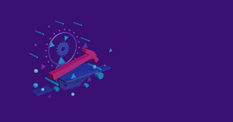Poster - Pink hammer symbol on a pedestal of abstract geometric shapes floating in the air. Abstract concept art with flying shapes on the left. 3d illustration on deep purple background