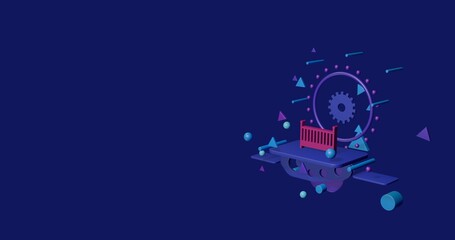 Poster - Pink baby cot symbol on a pedestal of abstract geometric shapes floating in the air. Abstract concept art with flying shapes on the right. 3d illustration on indigo background
