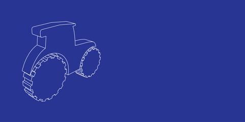 Poster - The outline of a large tractor symbol made of white lines on the left. 3D view of the object in perspective. Vector illustration on indigo background