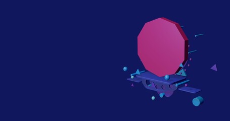 Poster - Pink decagon symbol on a pedestal of abstract geometric shapes floating in the air. Abstract concept art with flying shapes on the right. 3d illustration on indigo background