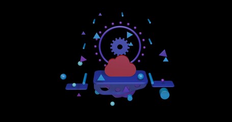 Poster - Red cloud symbol on a pedestal of abstract geometric shapes floating in the air. Abstract concept art with flying shapes in the center. 3d illustration on black background