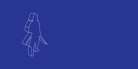 Poster - The outline of a large samurai symbol made of white lines on the left. 3D view of the object in perspective. Vector illustration on indigo background