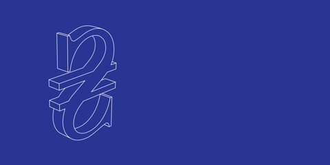 Poster - The outline of a large hryvnia symbol made of white lines on the left. 3D view of the object in perspective. Vector illustration on indigo background