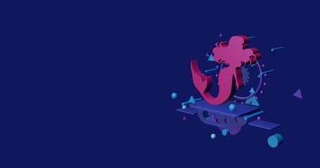 Poster - Pink mermaid symbol on a pedestal of abstract geometric shapes floating in the air. Abstract concept art with flying shapes on the right. 3d illustration on indigo background