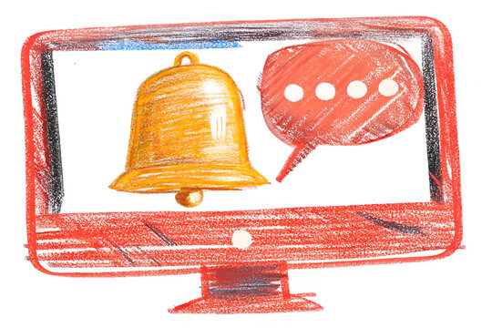 Online Notifications Bell Icon and Speech Bubble on Computer Screen