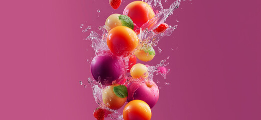 Poster - Different varieties of fruits are splashing into clear water against a vibrant pink background. The scene captures the essence of freshness and vitality in cooking, perfect for healthy recipes.