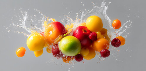 Aufkleber - A dynamic arrangement of various fruits including apples, lemons, and berries splashes joyfully in water.