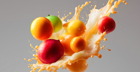 Poster - Fruits like apples and oranges splash bright juice, creating a vibrant display that highlights the joy of cooking with fresh ingredients.