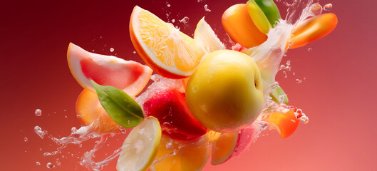Poster - A vibrant display of various fruits including apples, oranges, and lemons bursts into water, creating an exciting and colorful atmosphere.