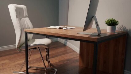 Poster - Modern office serenity with simple wooden desk, white chair, computer, open book, and green plant decor wooden floor for calm