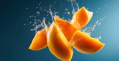 Aufkleber - Slices of ripe orange fruit leap from a surface, creating dynamic splashes as they hit water. This lively moment captures the joy of cooking and preparing fresh ingredients in a kitchen setting.