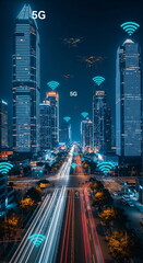 Poster - Night cityscape with glowing 5G symbols on skyscrapers and autonomous vehicles on illuminated road. Technology and smart city concept.