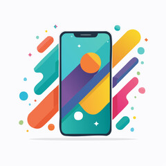 Poster - Modern flat design smartphone illustration with colorful abstract shapes and a vibrant background, perfect for tech-related concepts and digital design.