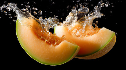 Poster - Cantaloupe slices drop into water, creating splashes and bubbles. The vibrant orange flesh contrasts with the green rind, showcasing a fresh and lively cooking experience.