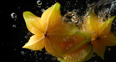 Poster - Yellow and green star-shaped fruits are being splashed into clear water, showcasing a lively cooking moment. Bubbles rise as the fruits interact with the water, creating an engaging culinary scene.
