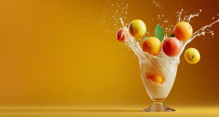 Poster - Fresh fruits like peaches and apricots create a dynamic splash as they drop into a dessert glass filled with creamy goodness. The vibrant orange background enhances the lively scene of cooking.