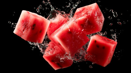 Poster - Colorful watermelon cubes tumble into water, splashing and sending droplets flying. This lively activity captures freshness and vibrancy, showcasing the joy of summer cooking and fruit preparation.