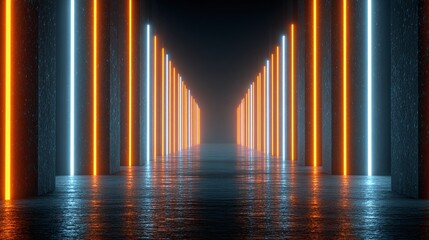 Poster - Neon glow illuminates an empty corridor, creating a mesmerizing display of light and shadow. Abstract. Dark. Reflections. Future.
