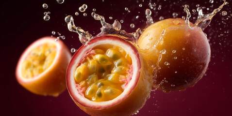 Poster - Freshly cut passion fruits are bursting with juice, creating splashes of water around them. The vibrant colors and dynamic movement highlight the freshness and deliciousness of this tropical fruit.