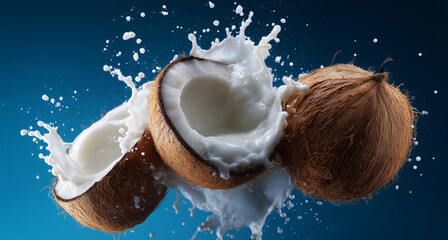 Aufkleber - Coconut halves burst with creamy milk as they collide against a bright blue backdrop. Water droplets scatter in the air, highlighting the freshness and vibrancy of the ingredients.