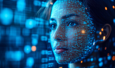 Poster - Artificial intelligence digital face recognition with binary code data overlay on woman profile in futuristic machine learning technology concept