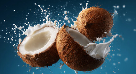 Aufkleber - Coconuts split open with creamy milk splashing everywhere, highlighting the dynamic process of preparing fresh ingredients in a vibrant culinary setting, perfect for cooking enthusiasts.