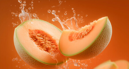 Poster - Cantaloupe halves sit against a bright orange background as droplets of water splash around them, showcasing the freshness and juiciness of the fruit.