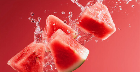 Poster - Juicy watermelon chunks are flying through the air, creating a refreshing splash as they hit the water. The bright red background enhances the vibrant colors of the fruit and water.