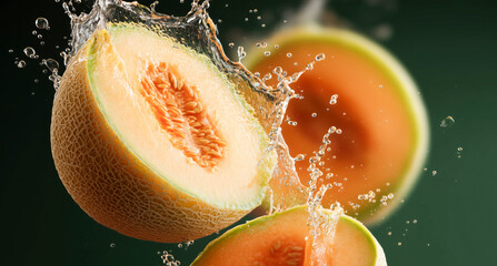 Aufkleber - Slices of juicy cantaloupe are splashing into clear water, creating droplets. The background features a vibrant kitchen, emphasizing freshness and vitality during meal preparation.