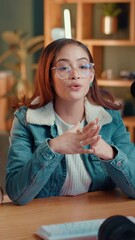 Poster - Home, influencer and woman with mic talking for podcast host, online show and live streaming. Content creator, social media and person chatting to digital audience, entertainment and internet vlog