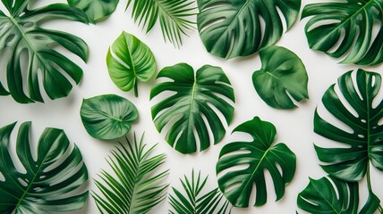 Poster - Vibrant tropical leaves arranged artistically on a bright surface create a lively atmosphere in a lush setting