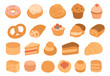 © Eli - Vector set of various bakery items like donuts, cupcakes, muffins, rolls, and cookies. Great for pastry shops, food packaging, recipe blogs, and dessert-themed designs.